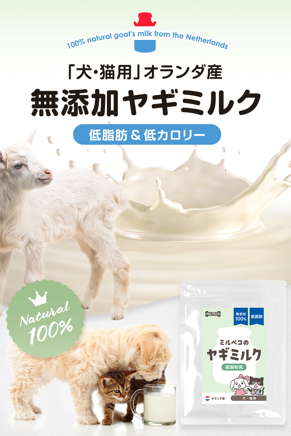 ヤギミルク 犬 猫 低脂肪 無添加 オランダ産 脱脂粉乳 Milpeco ミルペコ やぎミルク 80g 低カロリー 犬猫用 おやつ 老犬 老猫 シニア 小動物 栄養豊富